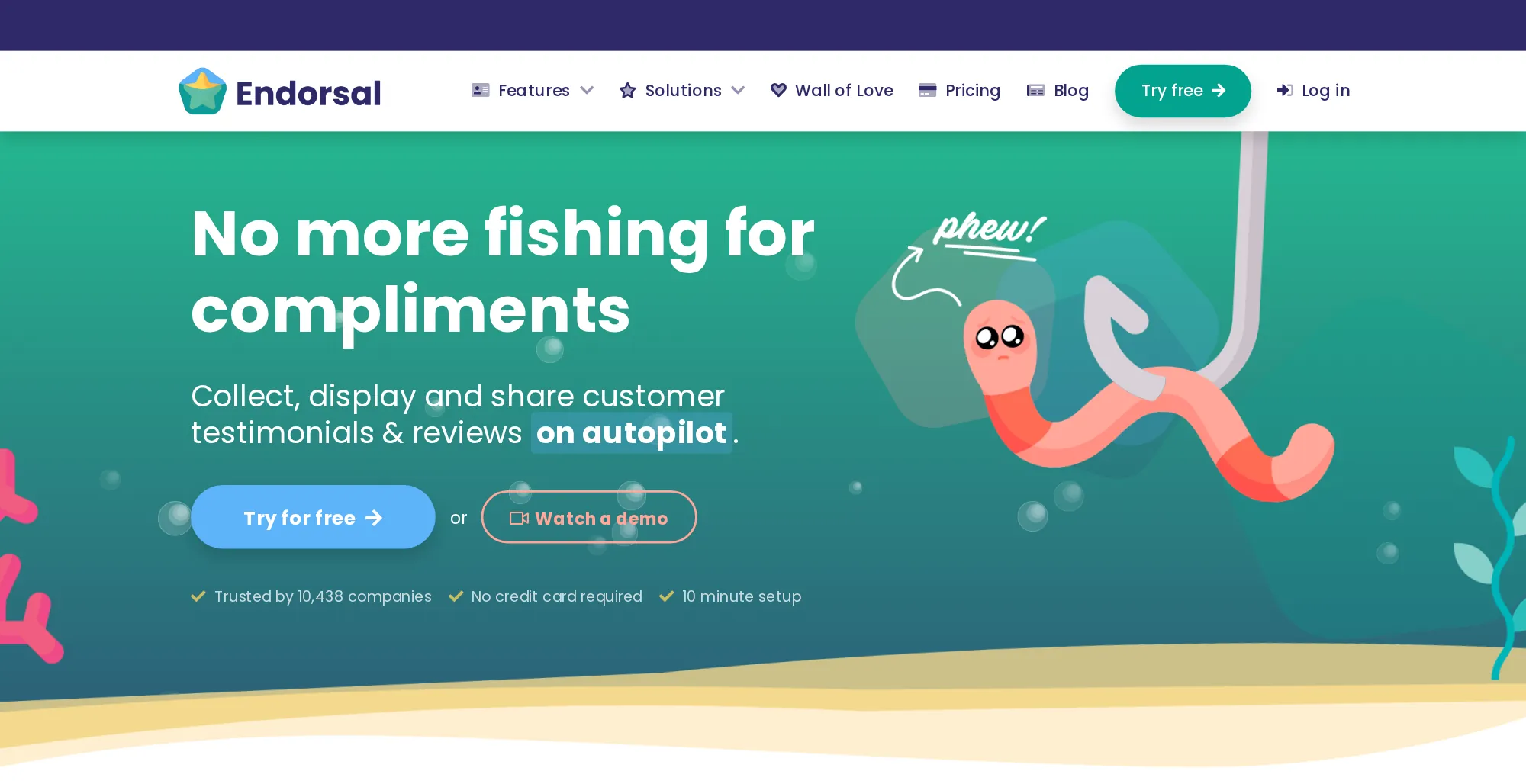 Endorsal homepage with the No more fishing for compliments headline and the Try for free button