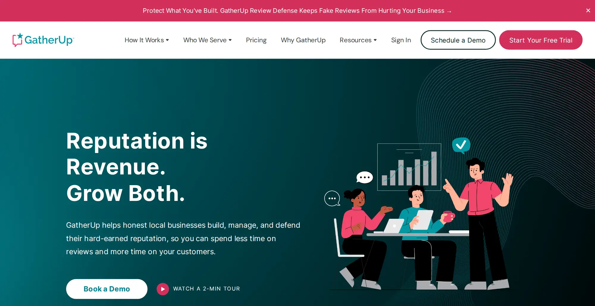 GatherUp homepage with the Reputation is Revenue. Grow Both. headline and the Book a Demo button