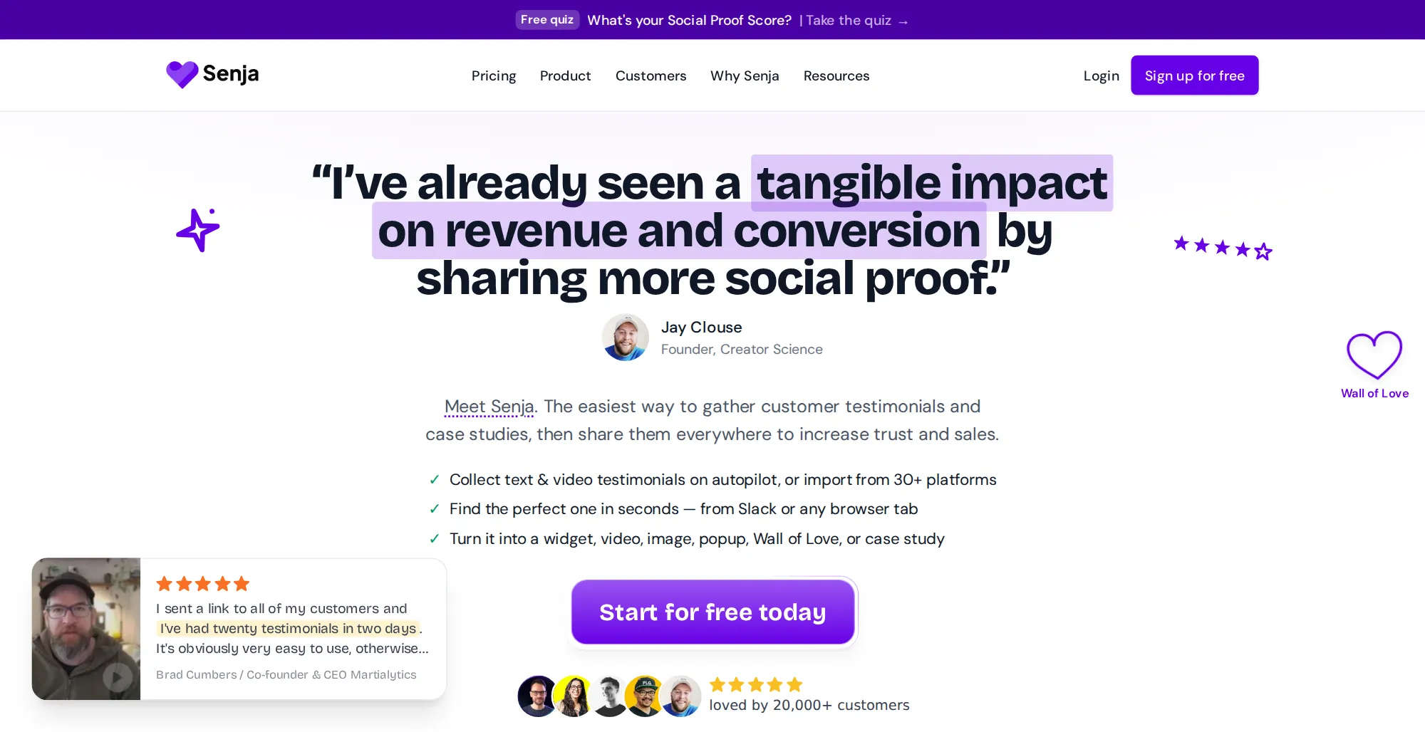 Senja homepage with the I've already seen a tangible impact on revenue and conversion testimonial headline and the Start for free today button