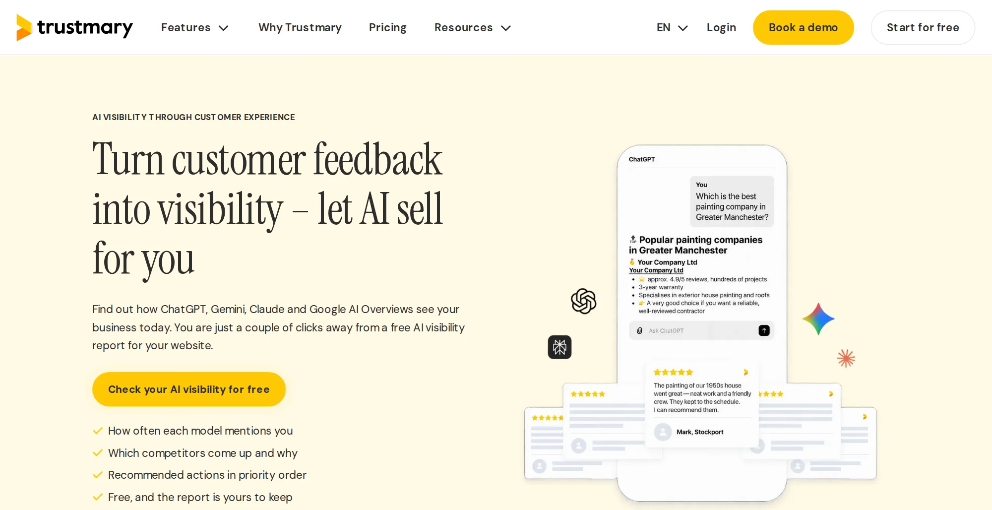 Trustmary homepage with the Turn customer feedback into visibility headline and the Check your AI visibility for free button