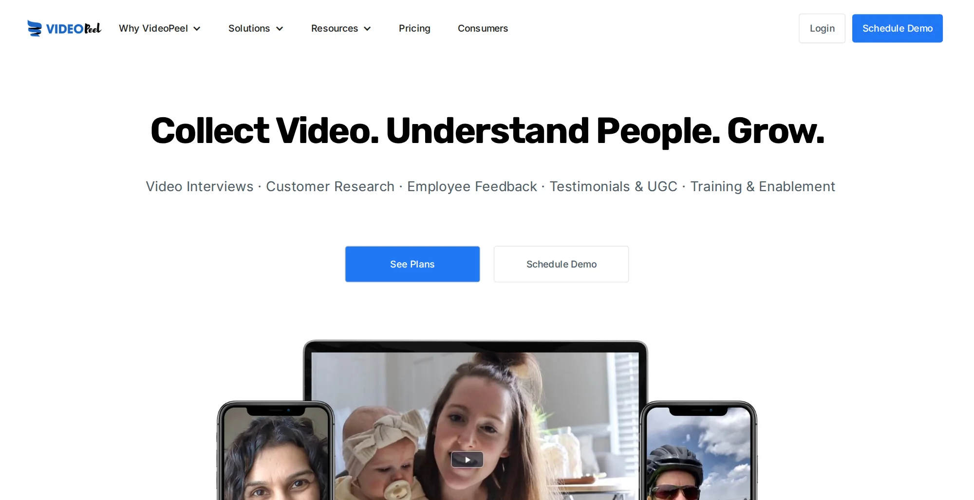 VideoPeel homepage with the Collect Video. Understand People. Grow. headline and the See Plans button