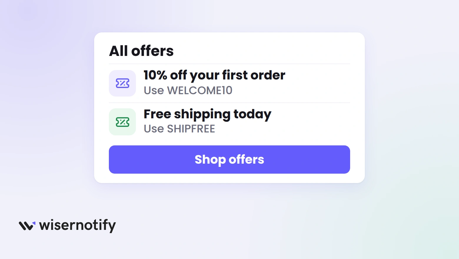 Offer panel listing two coupon offers with their codes and a Shop offers button