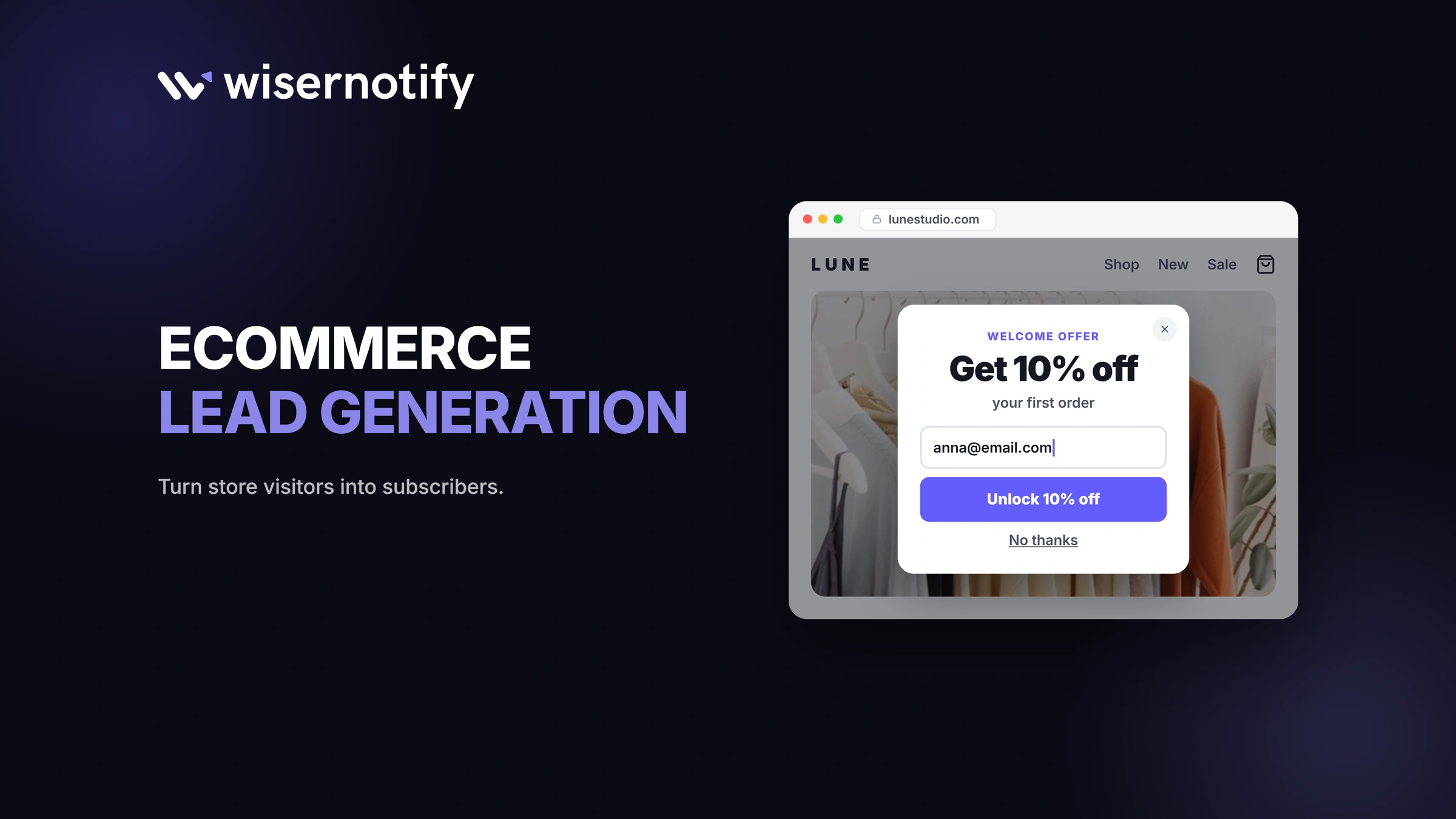 Ecommerce lead generation: a store welcome popup offering 10% off the first order for an email