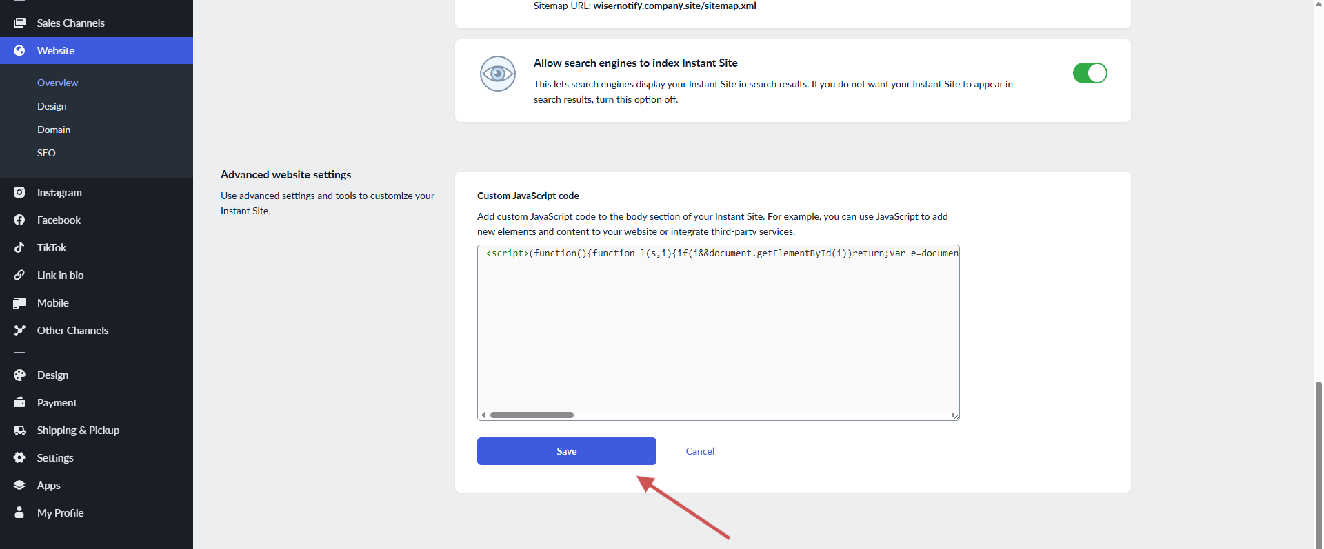 Pasting the WiserReview scripts into Ecwid Custom JavaScript code and clicking Save
