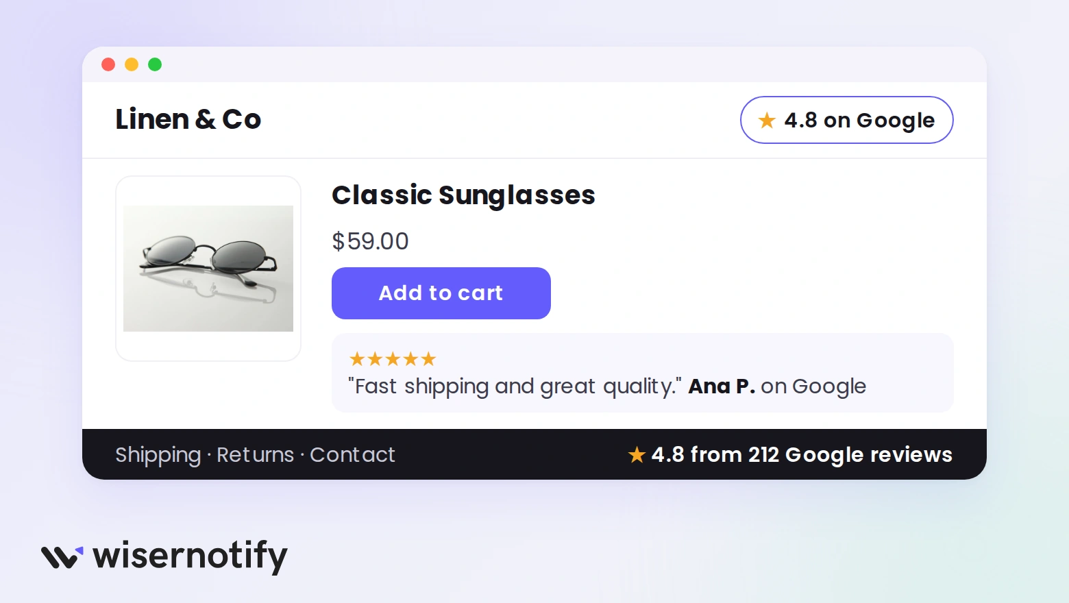 Ecwid store page with a Google rating badge in the header, a Google review near Add to cart, and a review count in the footer