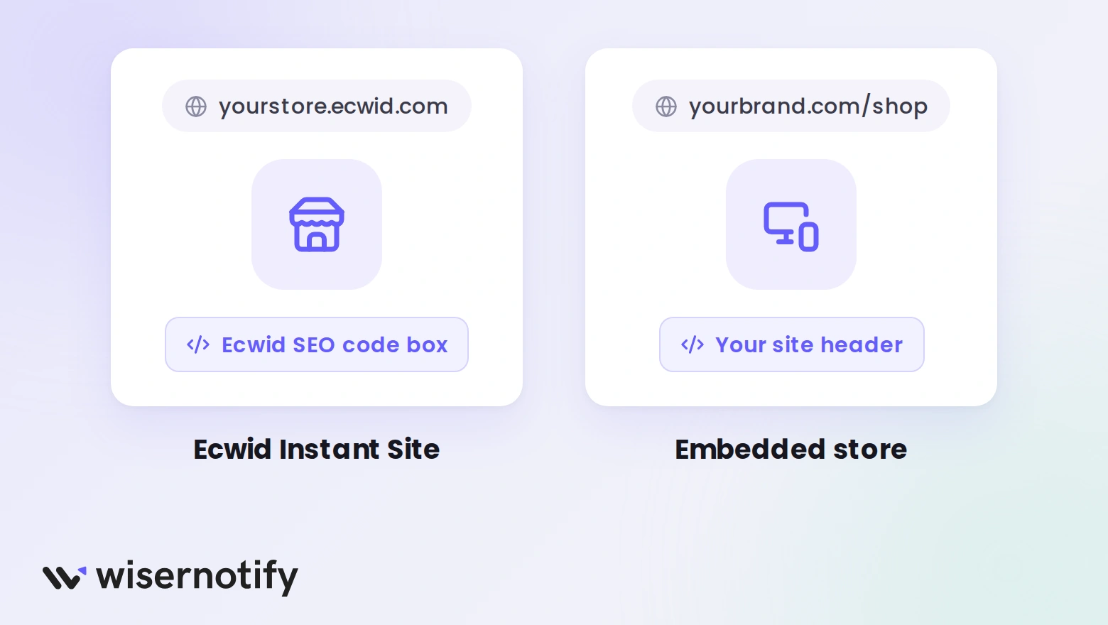 Where the WiserNotify pixel goes: the Ecwid code box for an Instant Site, your own site header for an embedded store