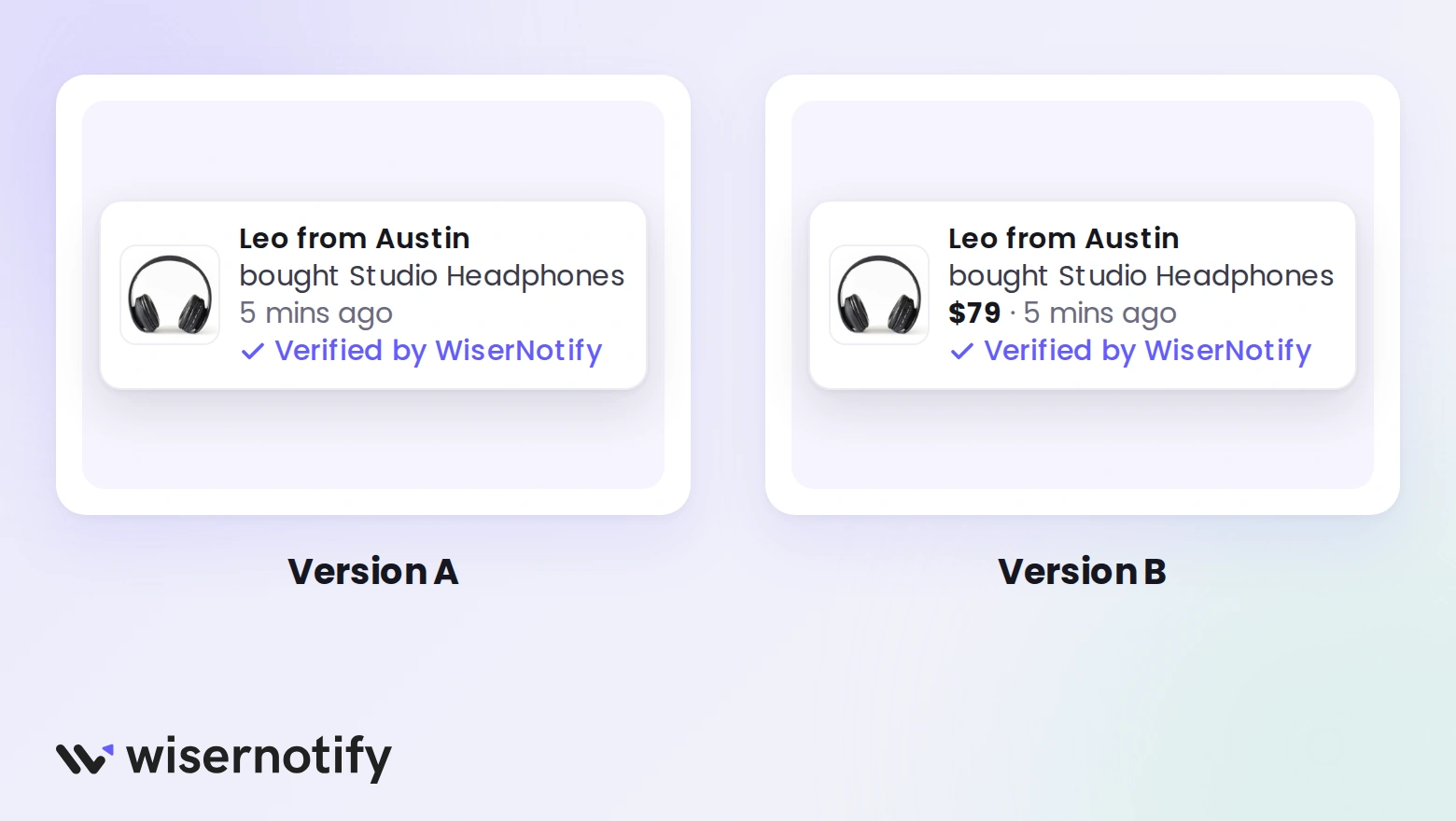 A/B test of two WiserNotify sales popups, one with the product name only and one adding the price