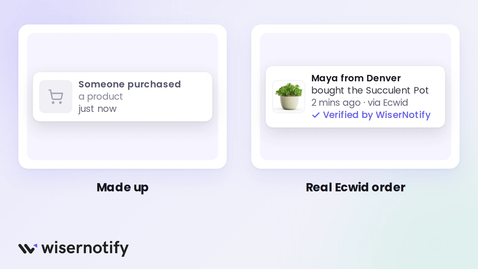 A vague made-up sales popup next to a verified WiserNotify popup for a real Ecwid order