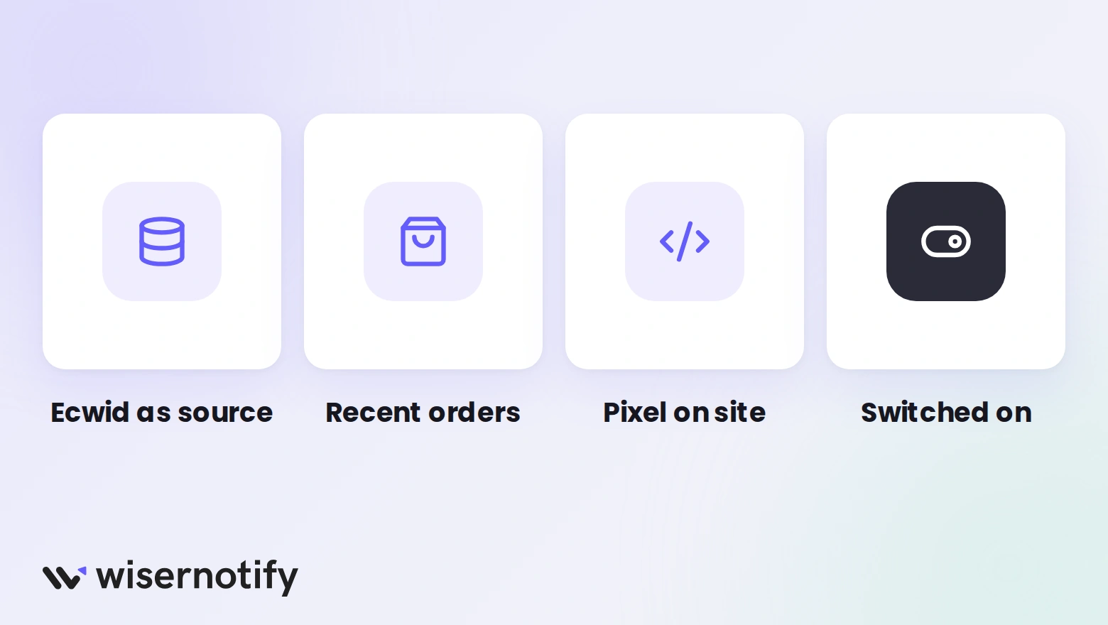 Ecwid sales popup checks: Ecwid as the data source, recent orders, pixel on the site, notification switched on