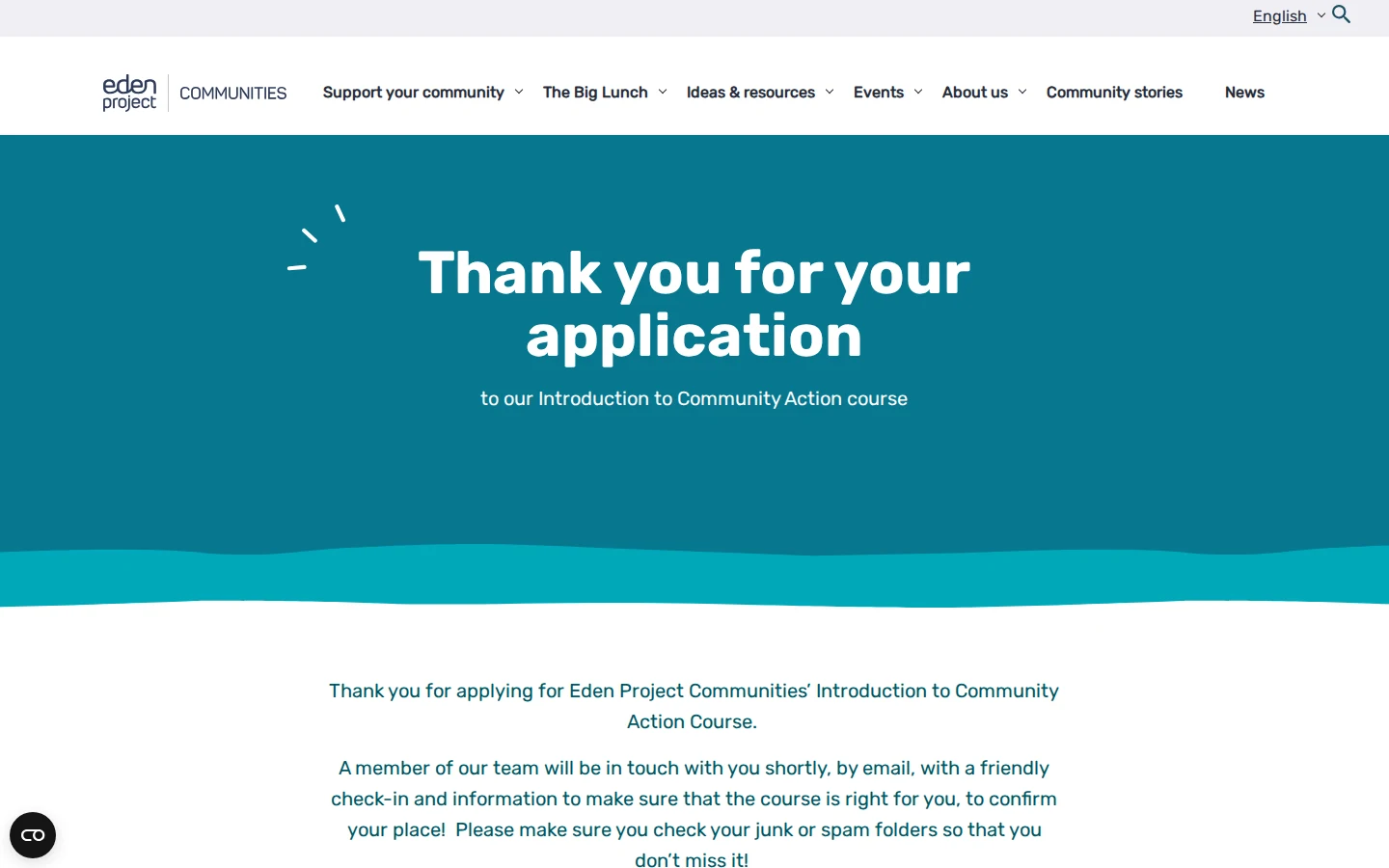 Eden Project Communities application thank you page telling applicants to check junk folders