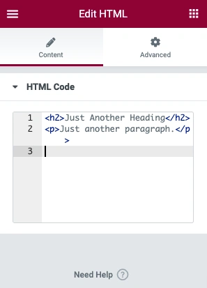 Elementor Edit HTML panel with the HTML Code box