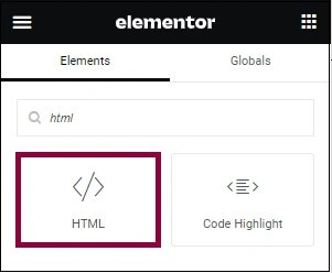 Elementor search panel with the HTML widget selected