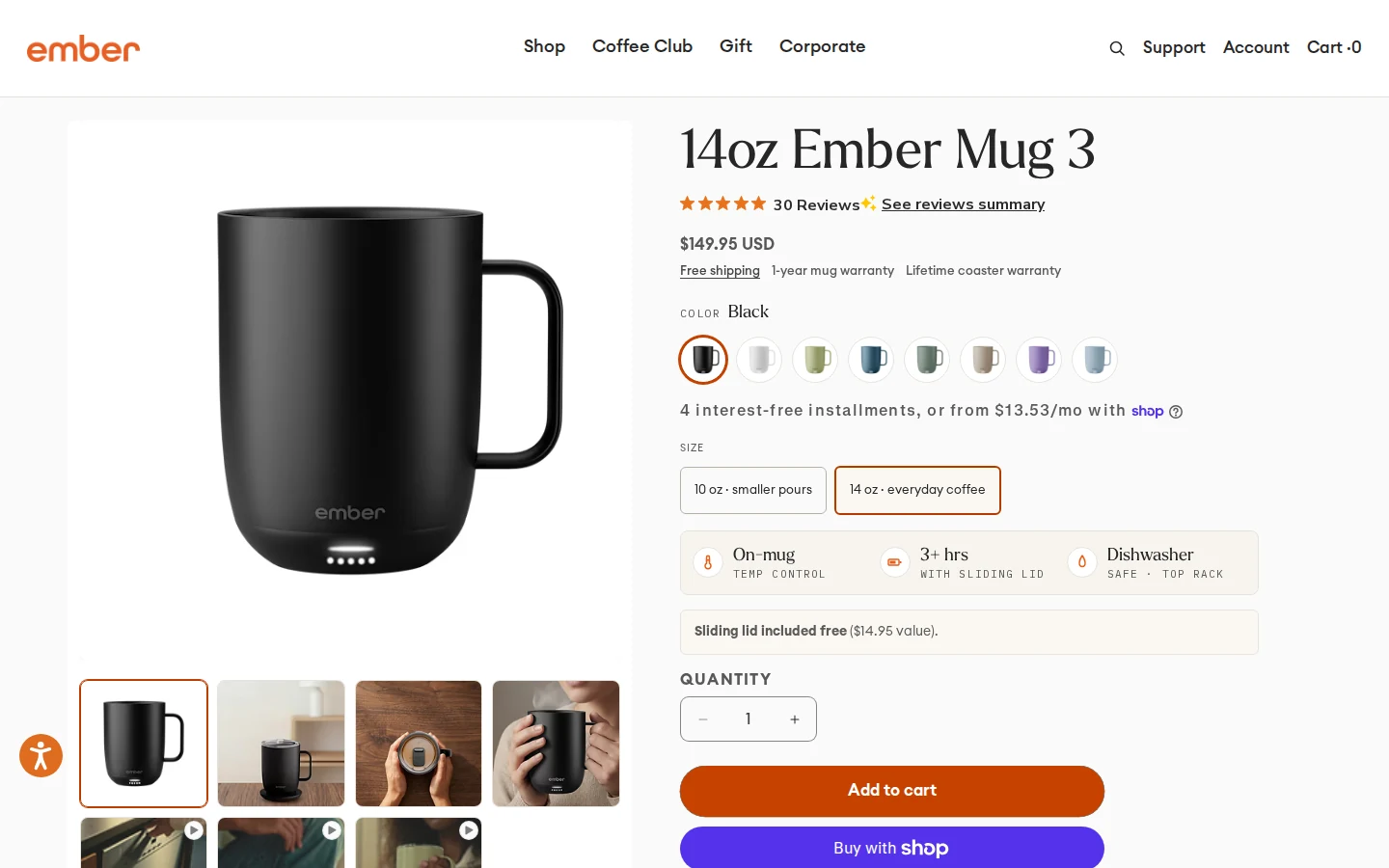 Ember Mug 3 product landing page with rating, price, and three benefit chips above the add to cart button