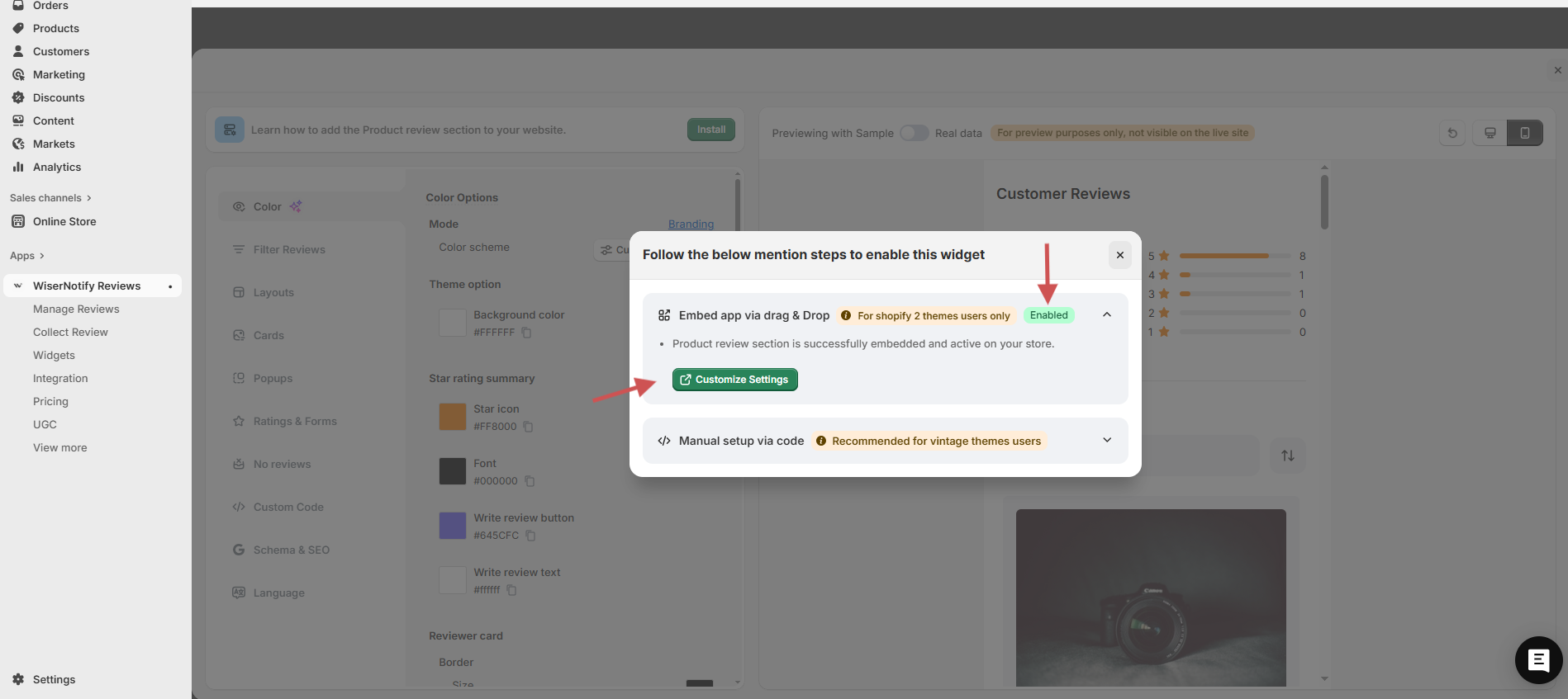 WiserReview install pop-up showing Embed app via drag and drop enabled with Customize Settings