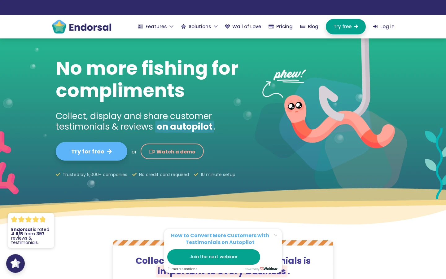 Endorsal homepage for collecting and sharing testimonials and reviews on autopilot