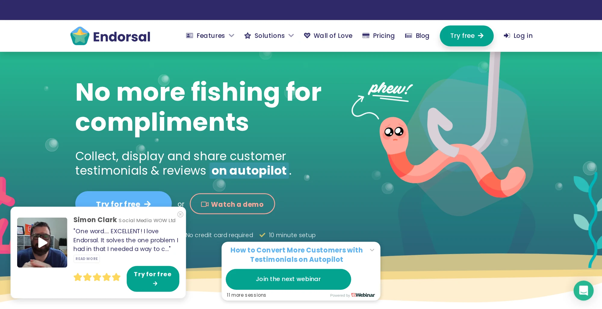 Endorsal homepage with the headline No more fishing for compliments and a Try for free button