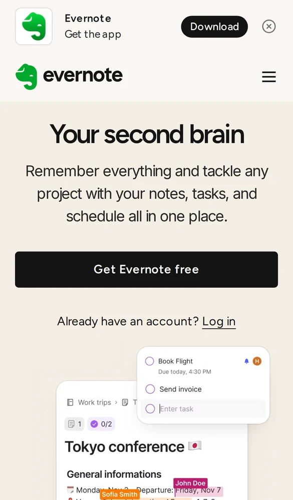 Evernote mobile landing page with an app banner and a full-width Get Evernote free button