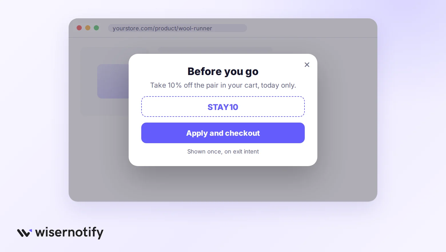 An exit popup on a product page offering 10% off with a coupon code and an Apply and checkout button