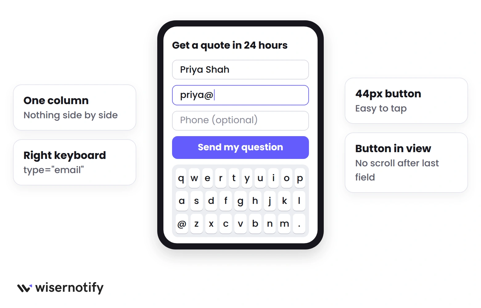 Mobile contact form mockup with one column, the email keyboard open and a 44px send button