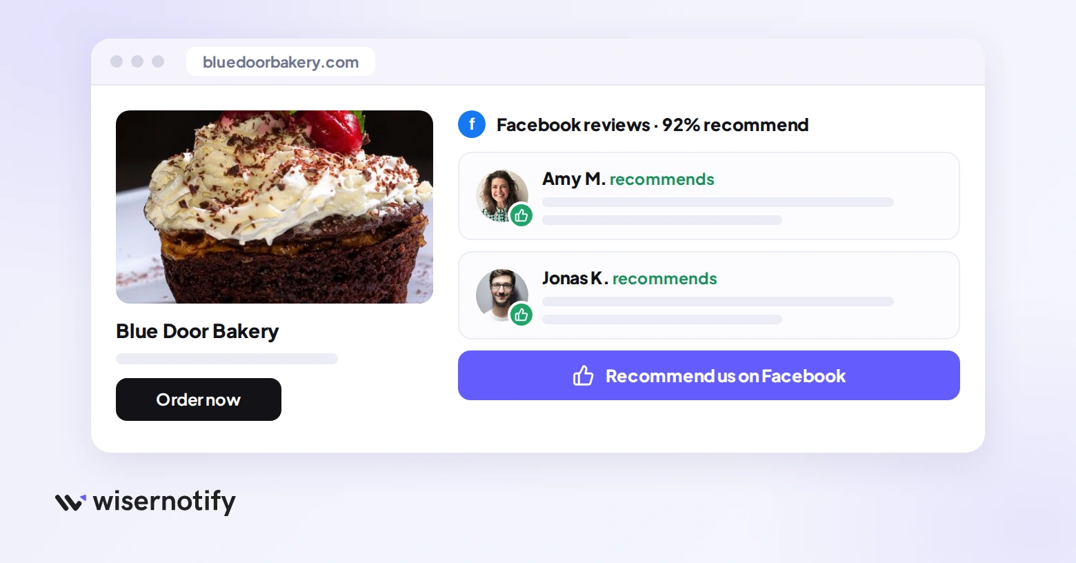 A bakery website showing a Facebook reviews widget with two customers who recommend the business and a Recommend us on Facebook button next to the product