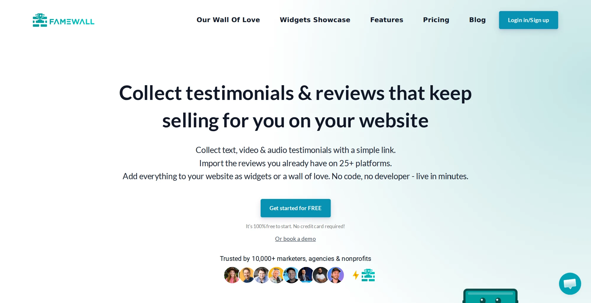 Famewall homepage with the headline Collect testimonials and reviews that keep selling for you on your website