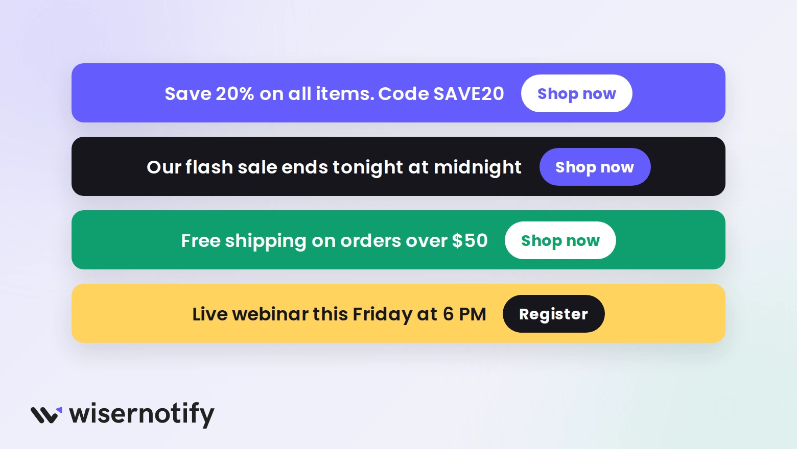 Four sample announcement bars: a promotion, a flash sale, free shipping, and a webinar
