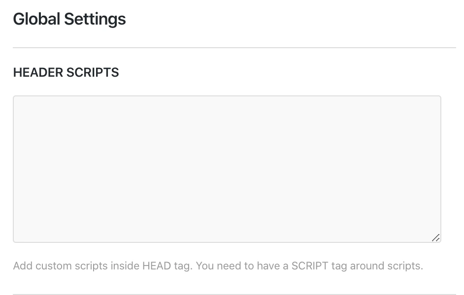 Flatsome Advanced Global Settings panel with the Header Scripts box