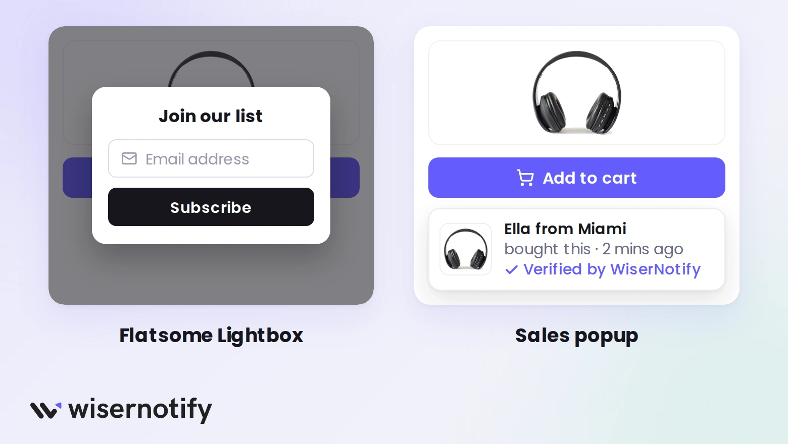 Flatsome Lightbox covering a product page with a newsletter box, next to a corner sales popup that leaves Add to cart free