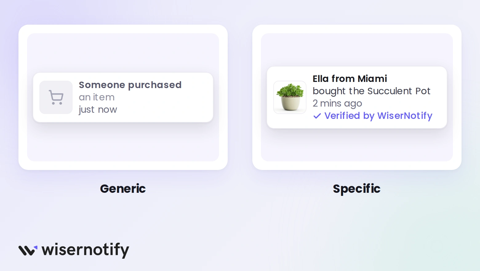 A generic Someone purchased an item popup next to a specific, verified WiserNotify sales popup