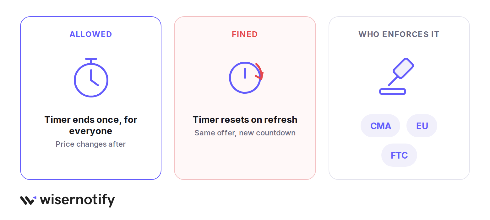 A countdown timer that ends once is allowed, one that resets on refresh gets fined, enforced by the CMA, EU, and FTC