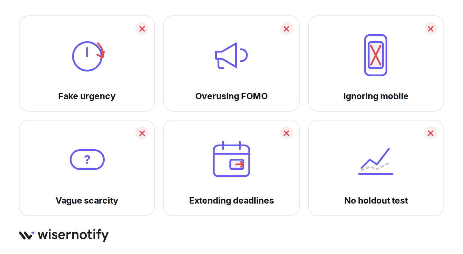 Six FOMO mistakes: fake urgency, overuse, ignoring mobile, vague scarcity, extending deadlines, and no holdout test