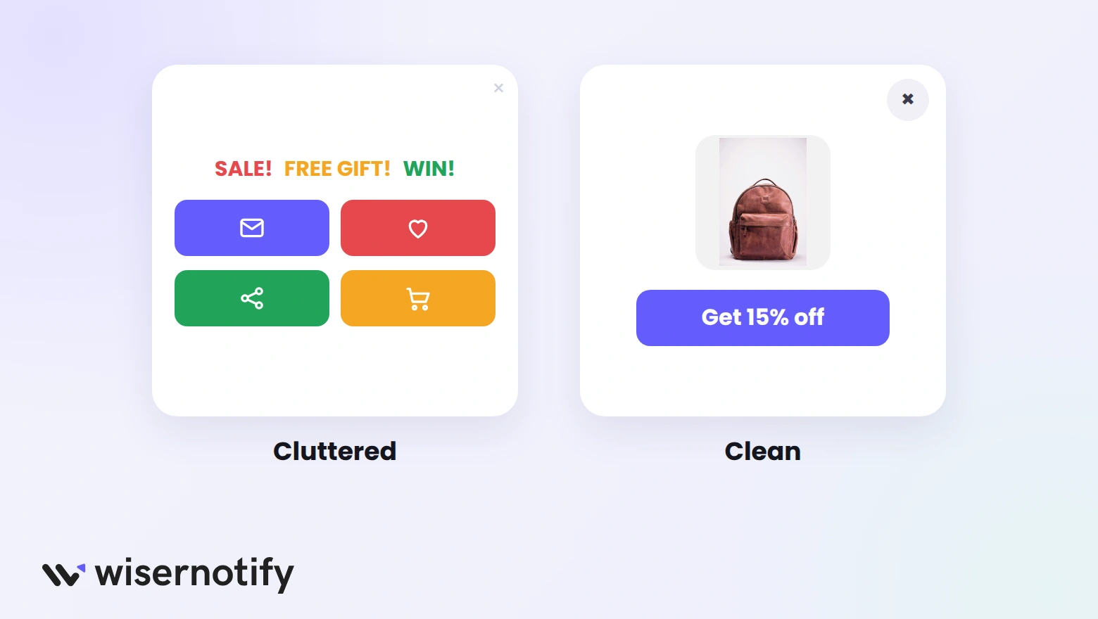 A cluttered exit popup with many buttons next to a clean popup with one offer and one button