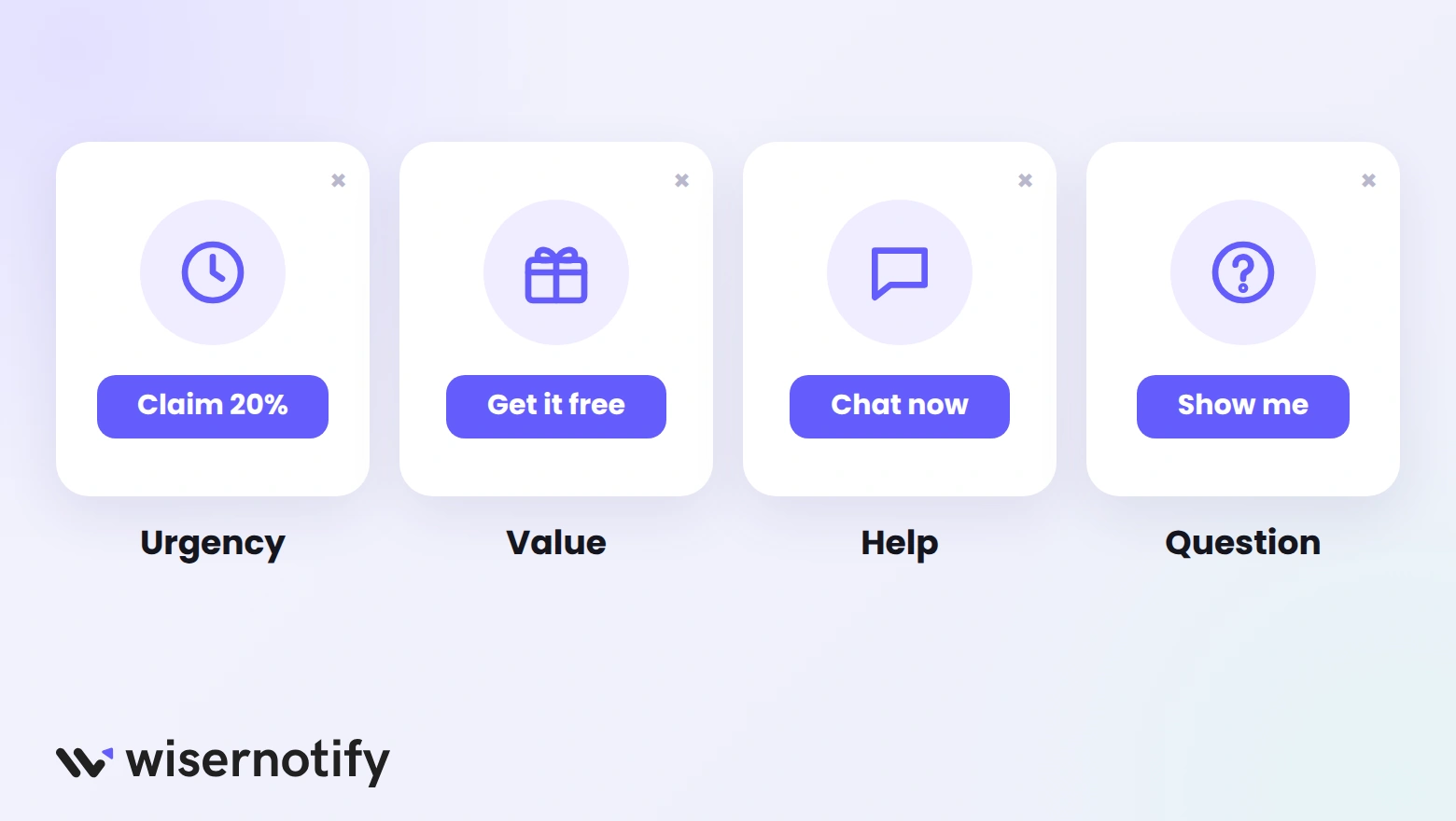 Four exit popup message types: urgency, value, help, and question