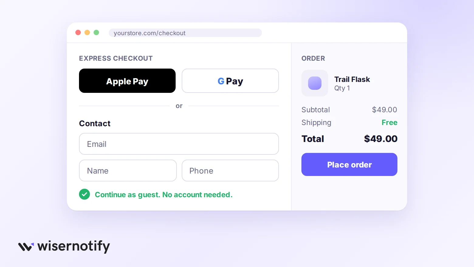 Checkout mockup with Apple Pay and Google Pay buttons, three fields, and a continue-as-guest option