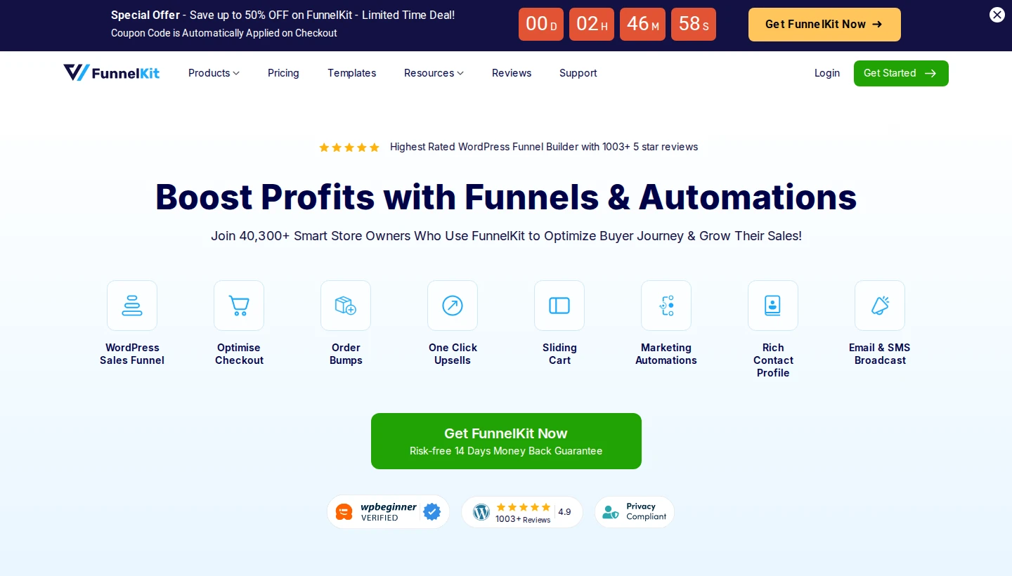 FunnelKit homepage, a WordPress funnel builder for WooCommerce