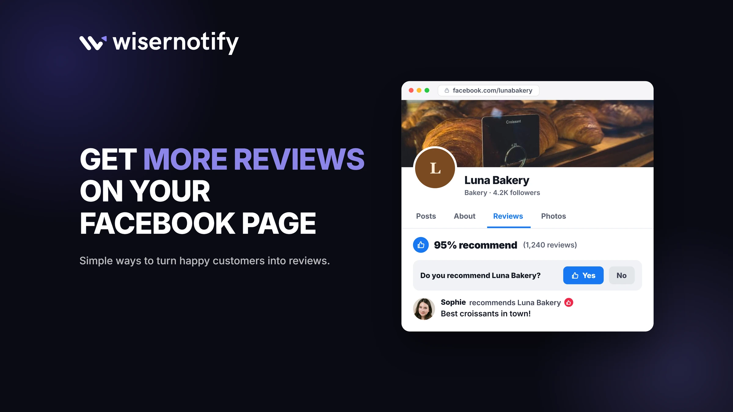Get more reviews on your Facebook Page: a Facebook Page Reviews tab showing 95 percent recommend and the Do you recommend prompt