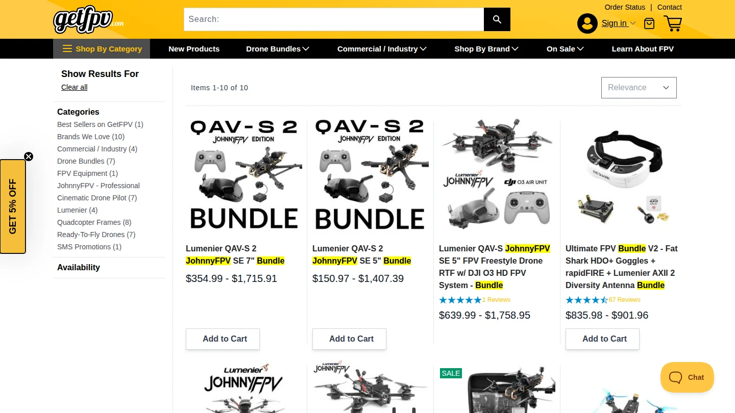 GetFPV search results for JohnnyFPV bundles showing Lumenier QAV-S ready-to-fly drone bundles with DJI HD FPV systems and prices