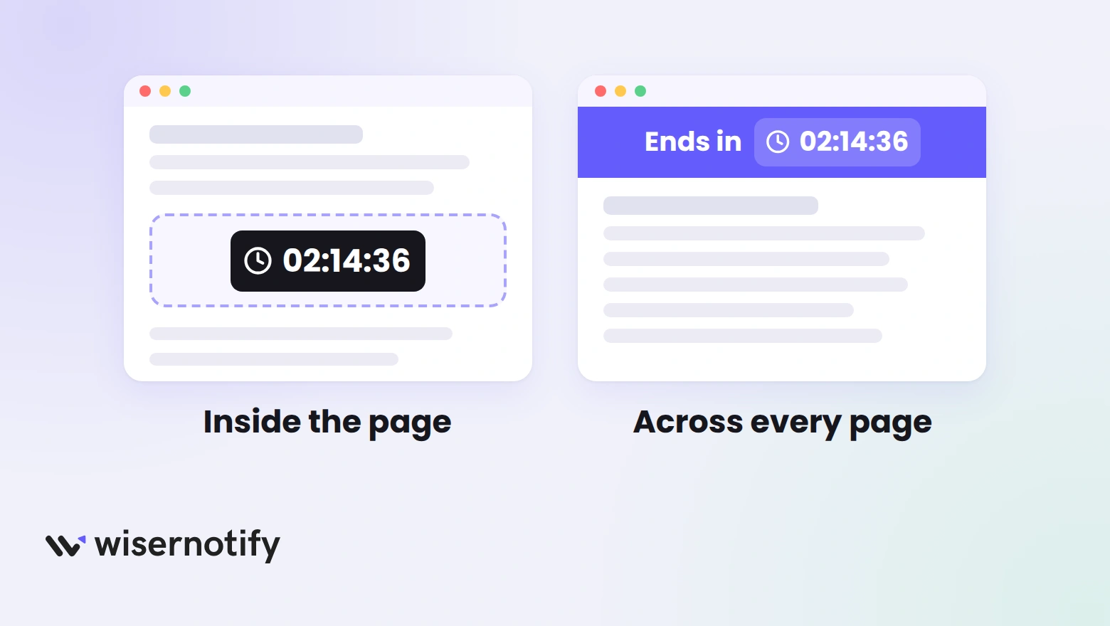 A countdown timer block inside one page compared with a WiserNotify timer bar running across the top of every page
