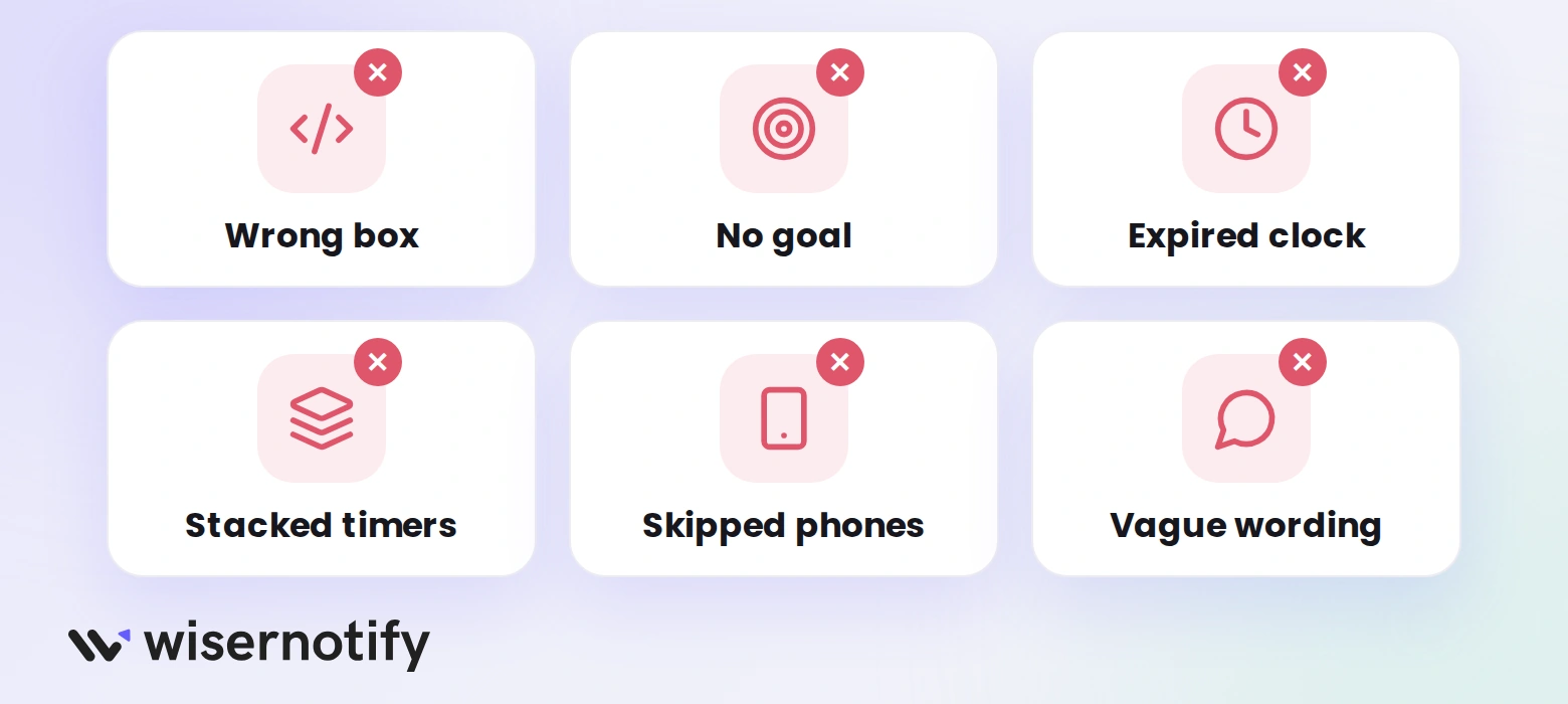 WiserNotify icon tiles of six Ghost countdown timer mistakes: wrong box, no goal, expired clock, stacked timers, skipped phones, vague wording