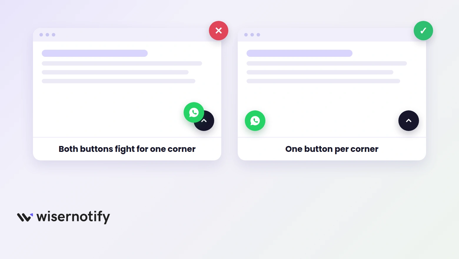 WhatsApp button stacked on the Ghost member portal vs one button per corner