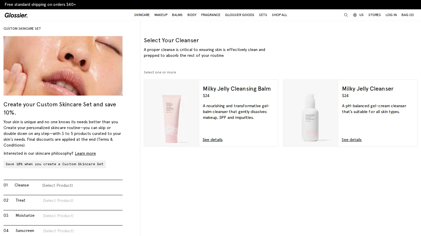 Glossier Custom Skincare Set builder with the cleanse, treat, moisturize and sunscreen steps and the save 10% note