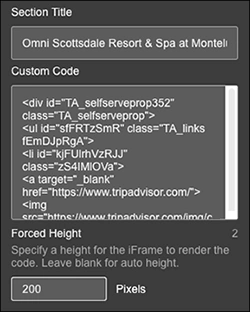 GoDaddy HTML section settings with the Custom Code field and Forced Height
