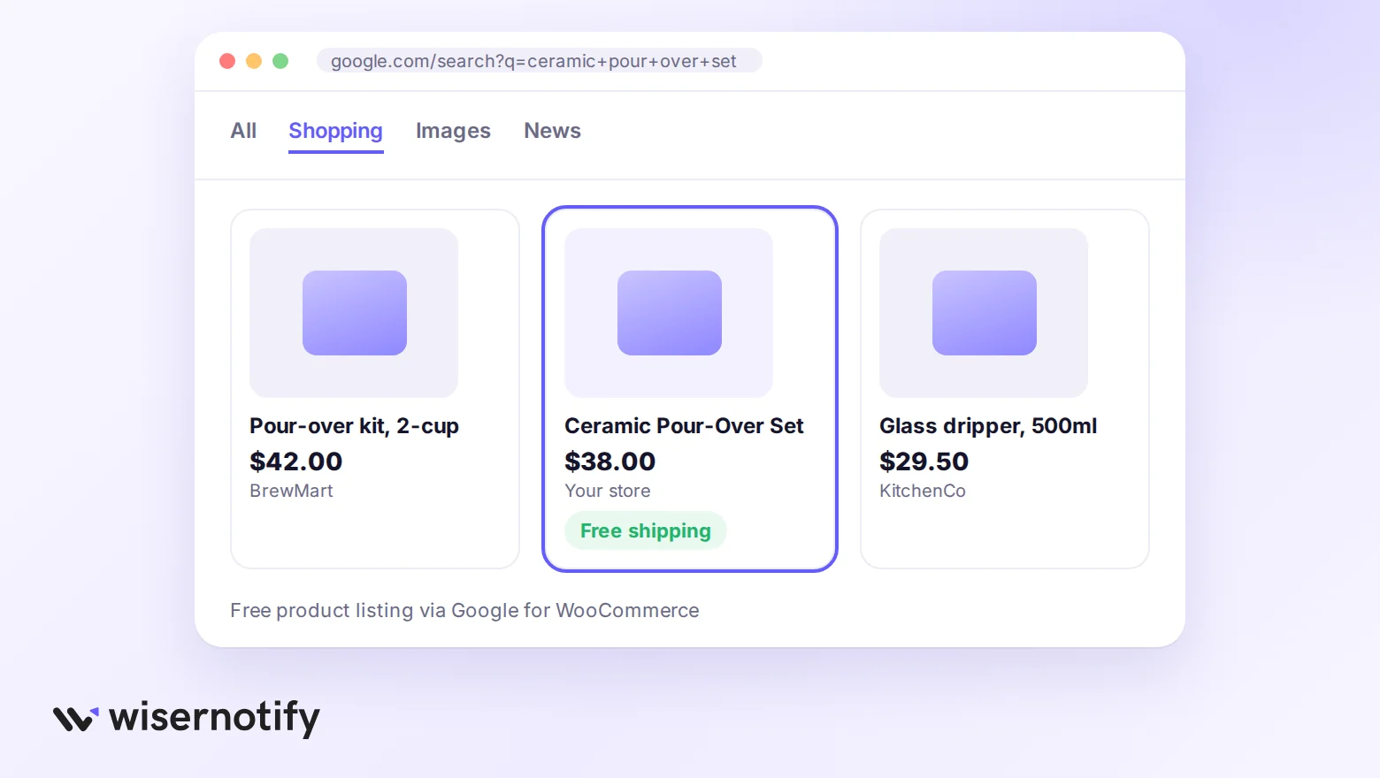 Google Shopping tab mockup showing a free product listing from a WooCommerce store