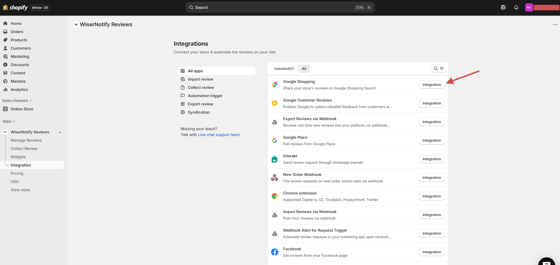 WiserReview Integrations page in Shopify with the Google Shopping Integration button