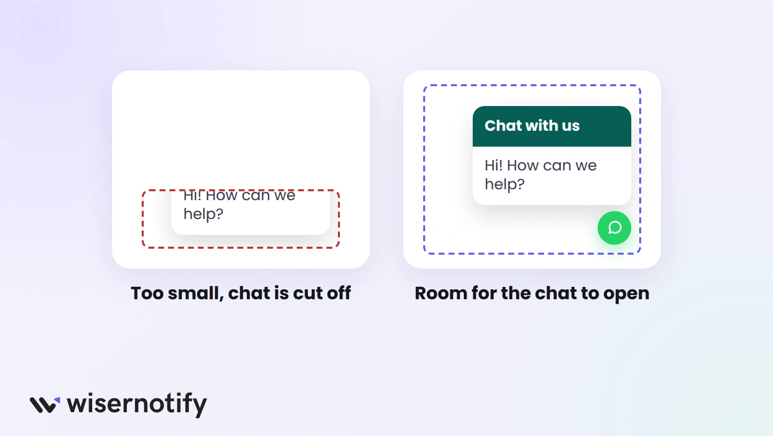 A Google Sites embed block that is too small cuts off the WhatsApp chat, while a larger block leaves room for it