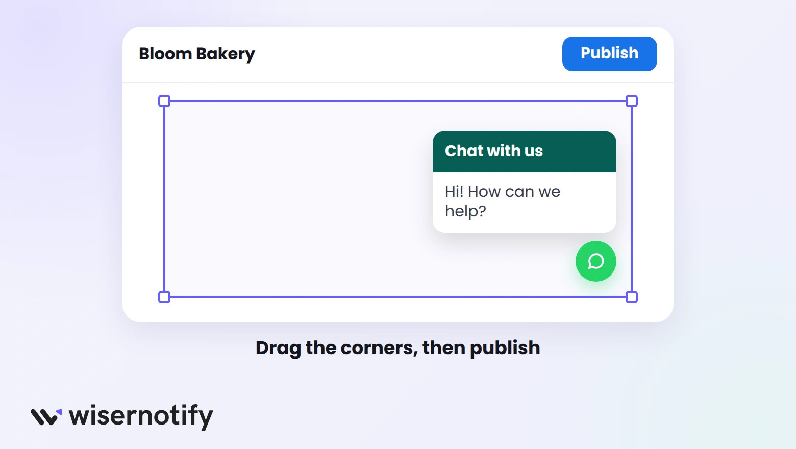 Resizing the Google Sites embed block so the WhatsApp chat fits, then clicking Publish