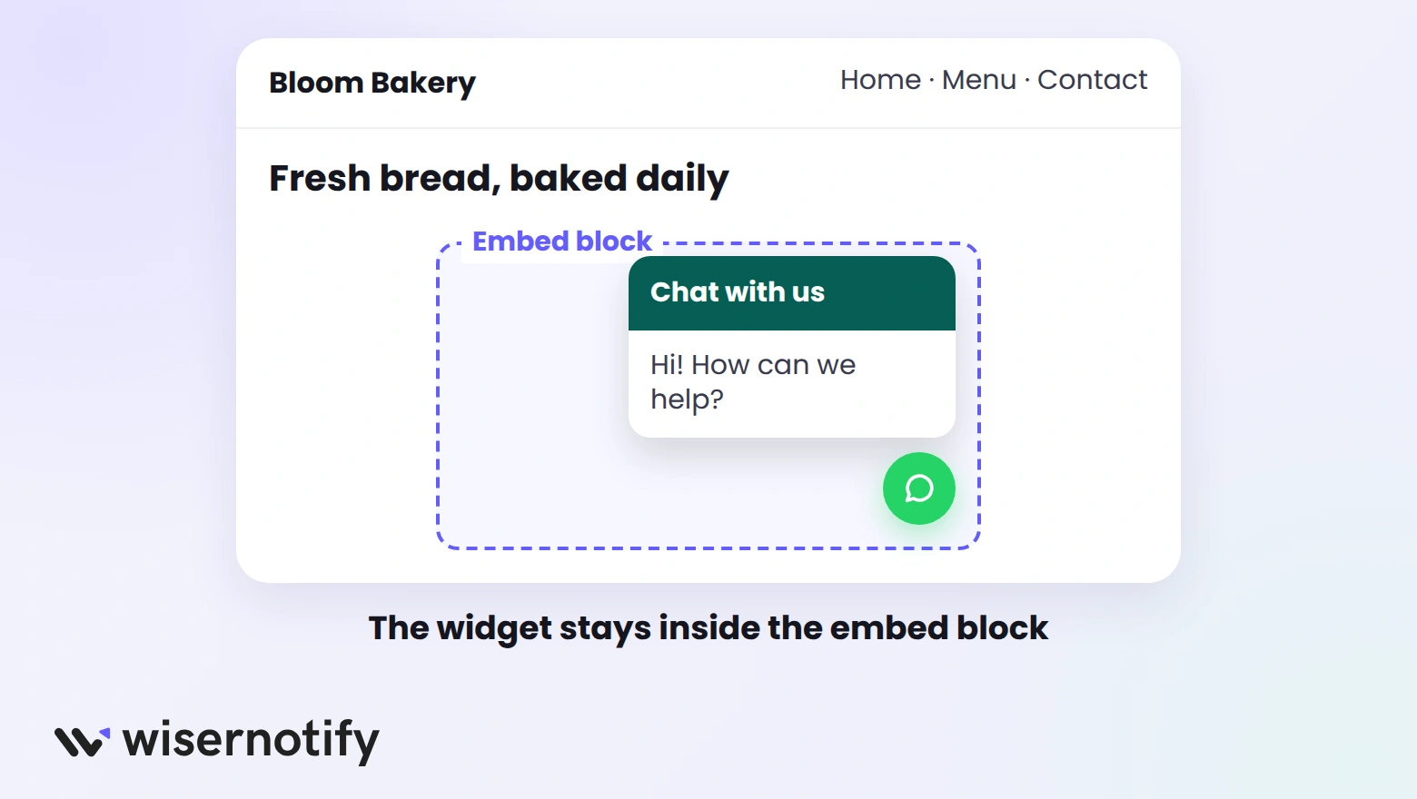 Google Sites page where the WhatsApp chat widget stays inside its embed block