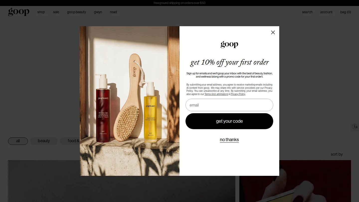 goop popup offering 10% off the first order in exchange for an email sign-up