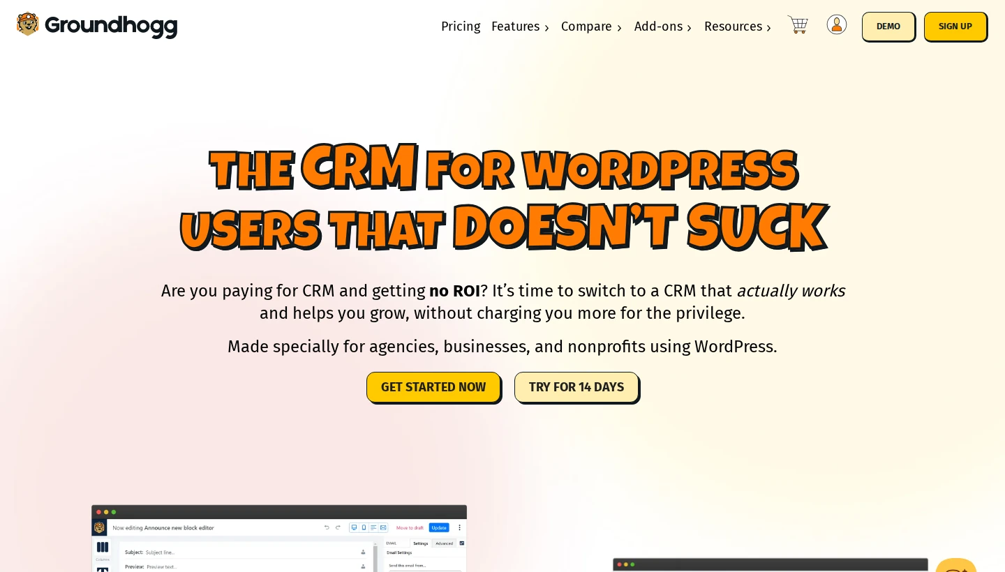 Groundhogg homepage, a CRM and marketing automation plugin for WordPress