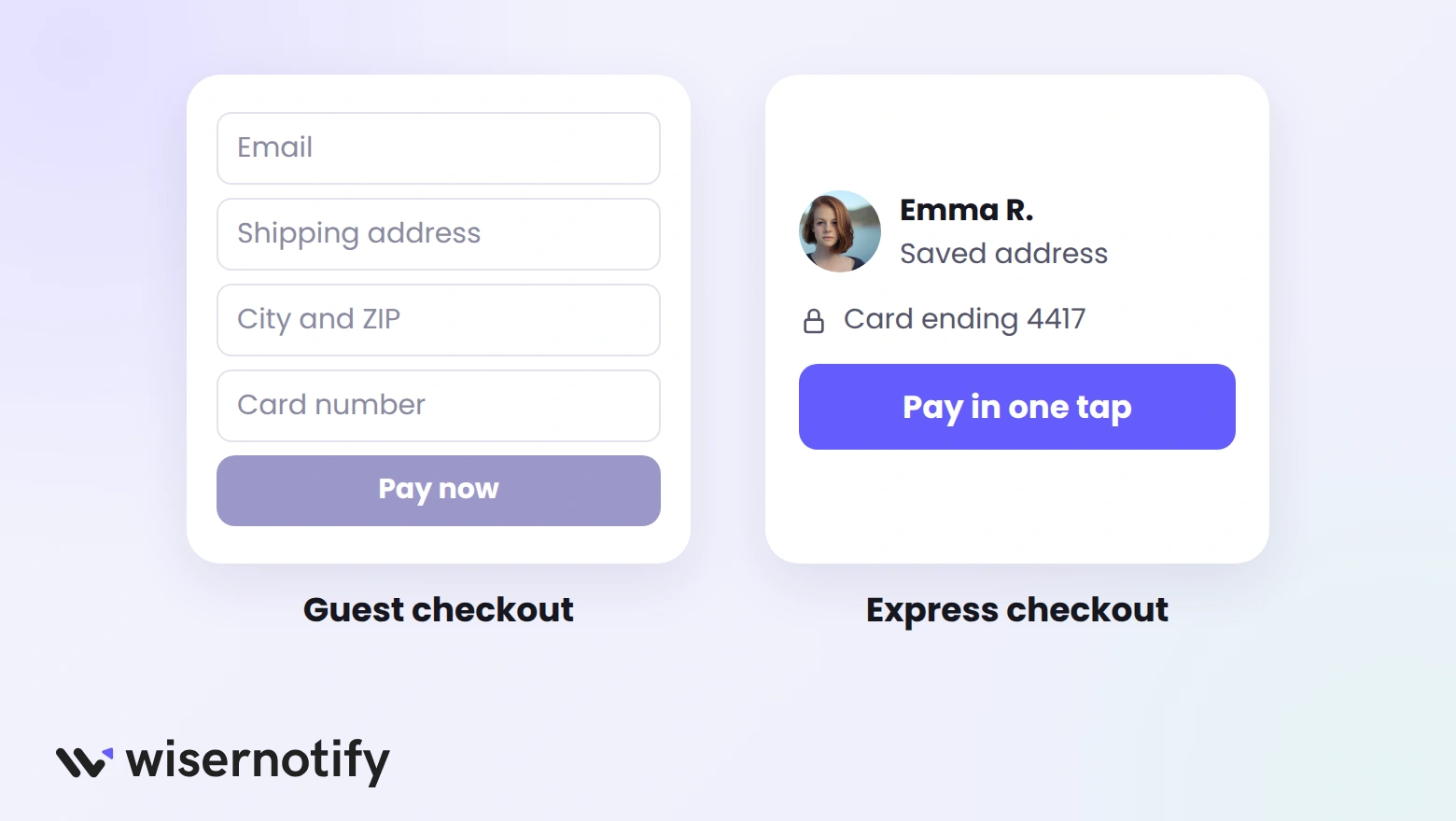 A four-field guest checkout next to a one-tap express checkout with saved details